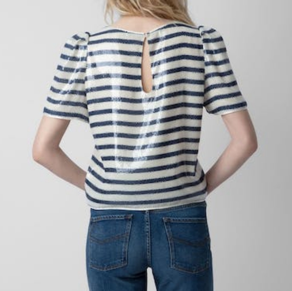 Zadig & Voltaire Tchao Sequin Striped Nautical Short Sleeve Top - Picture 4 of 12